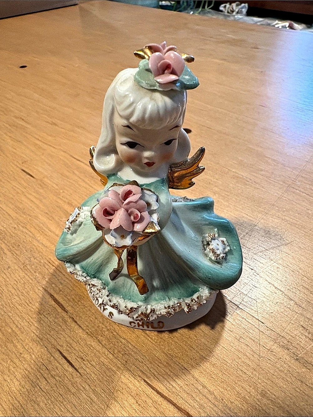Lefton ~ Vintage Floral Girl Figurine “Tuesday’s Child” Blue Pink Gold